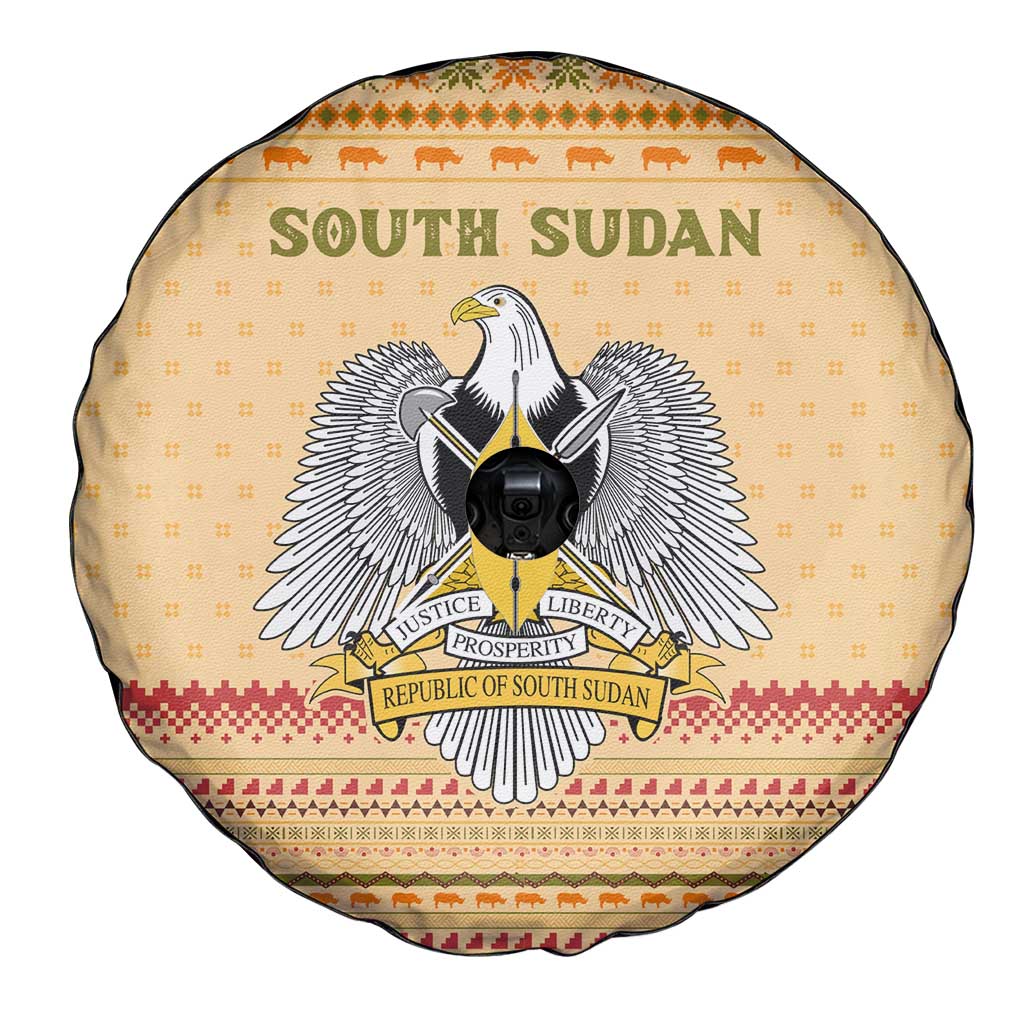 South Sudan Christmas Spare Tire Cover with Beige Tribal Pattern, National Emblem, and Green Star Motif - Wonder Print Shop