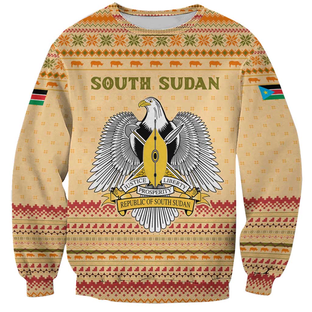 South Sudan Christmas Sweatshirt with Beige Tribal Pattern, National Emblem, and Green Star Motif - Wonder Print Shop