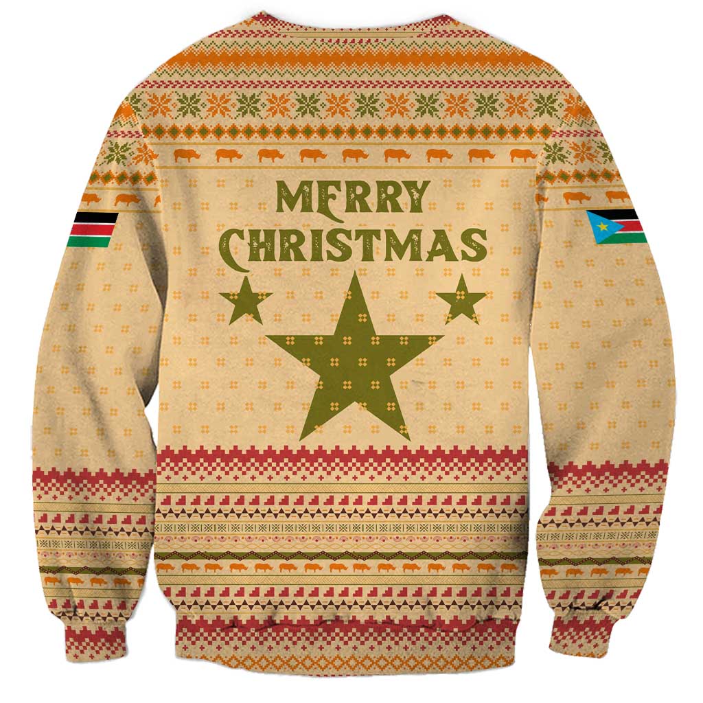 South Sudan Christmas Sweatshirt with Beige Tribal Pattern, National Emblem, and Green Star Motif - Wonder Print Shop