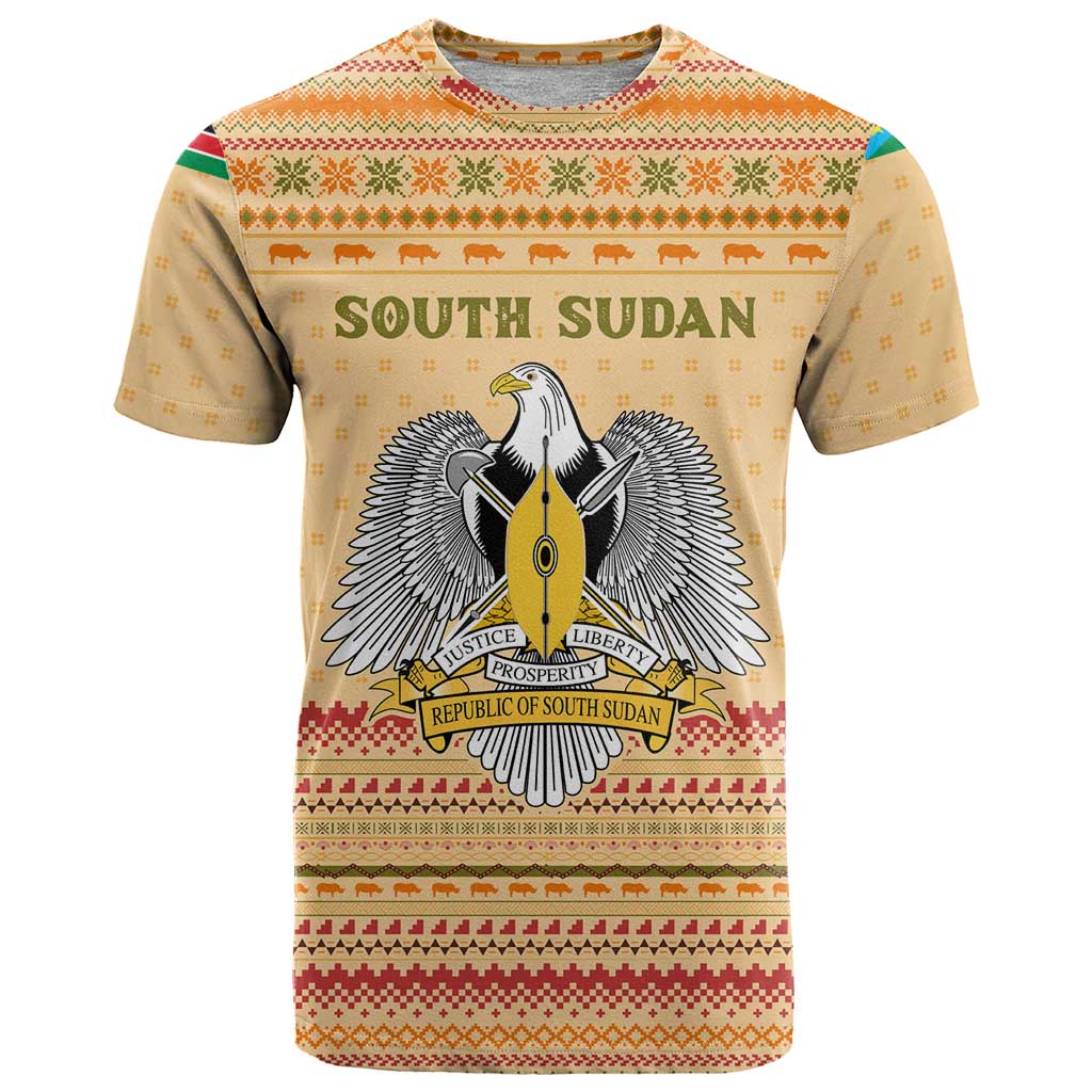 South Sudan Christmas T Shirt with Beige Tribal Pattern, National Emblem, and Green Star Motif - Wonder Print Shop