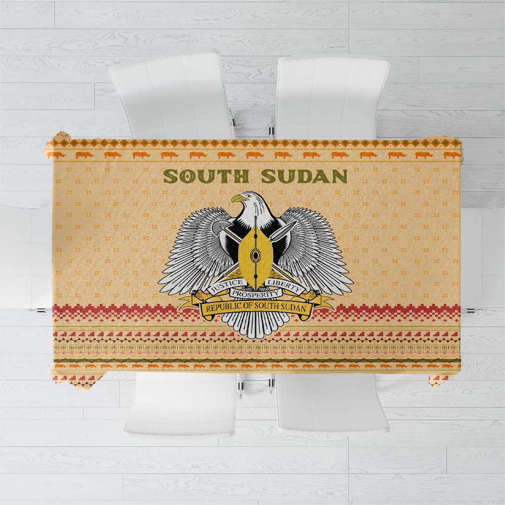 South Sudan Christmas Tablecloth with Beige Tribal Pattern, National Emblem, and Green Star Motif - Wonder Print Shop