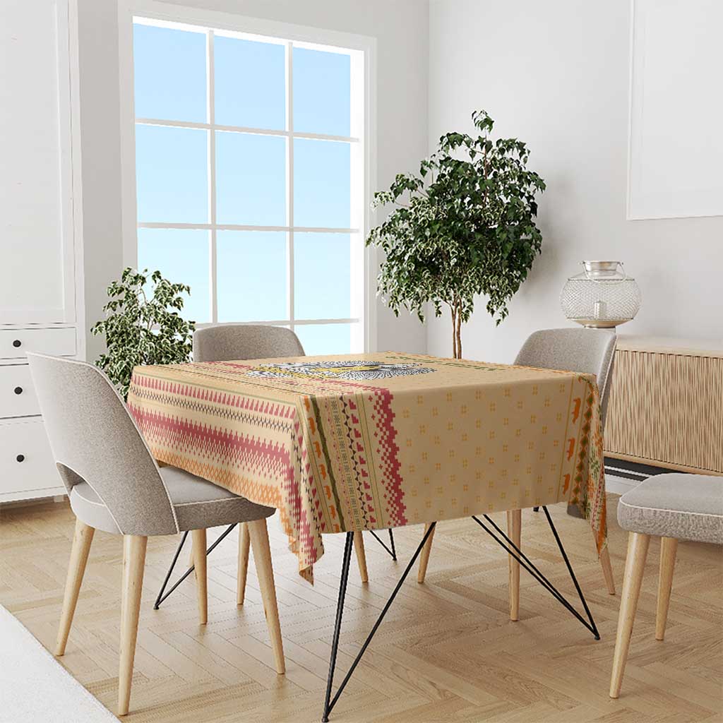 South Sudan Christmas Tablecloth with Beige Tribal Pattern, National Emblem, and Green Star Motif - Wonder Print Shop