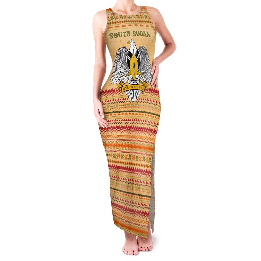 South Sudan Christmas Tank Maxi Dress with Beige Tribal Pattern, National Emblem, and Green Star Motif - Wonder Print Shop