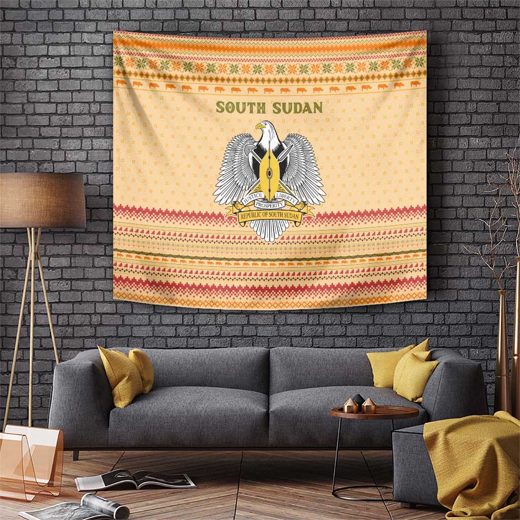South Sudan Christmas Tapestry with Beige Tribal Pattern, National Emblem, and Green Star Motif - Wonder Print Shop