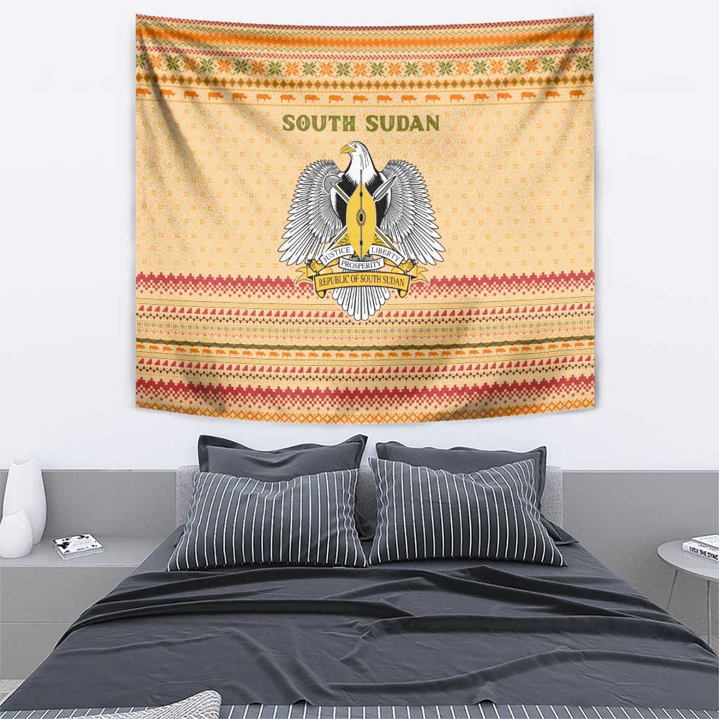 South Sudan Christmas Tapestry with Beige Tribal Pattern, National Emblem, and Green Star Motif - Wonder Print Shop