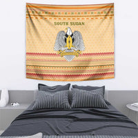 South Sudan Christmas Tapestry with Beige Tribal Pattern, National Emblem, and Green Star Motif - Wonder Print Shop