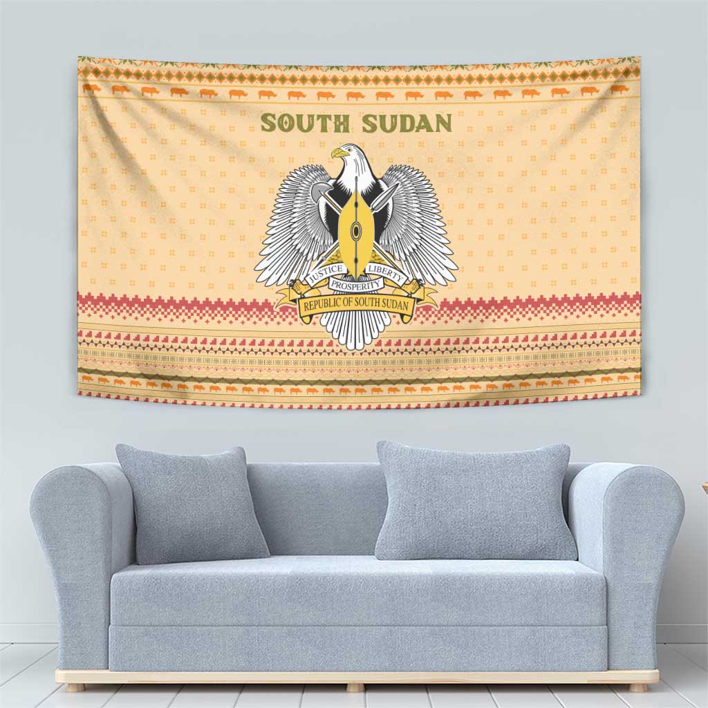 South Sudan Christmas Tapestry with Beige Tribal Pattern, National Emblem, and Green Star Motif - Wonder Print Shop