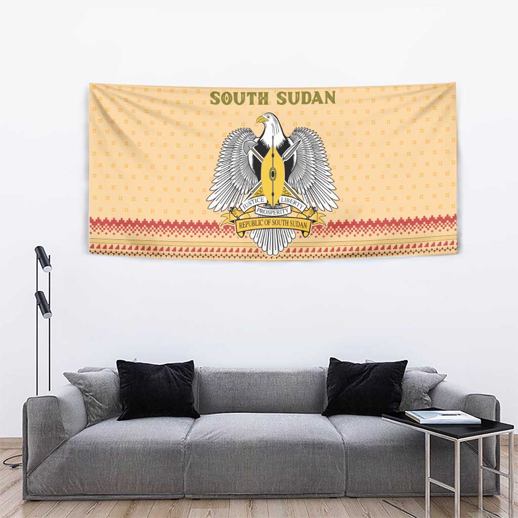 South Sudan Christmas Tapestry with Beige Tribal Pattern, National Emblem, and Green Star Motif - Wonder Print Shop