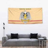 South Sudan Christmas Tapestry with Beige Tribal Pattern, National Emblem, and Green Star Motif - Wonder Print Shop