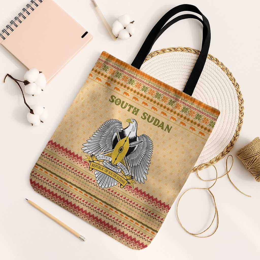 South Sudan Christmas Tote Bag with Beige Tribal Pattern, National Emblem, and Green Star Motif - Wonder Print Shop