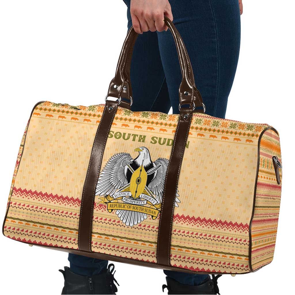 South Sudan Christmas Travel Bag with Beige Tribal Pattern, National Emblem, and Green Star Motif - Wonder Print Shop