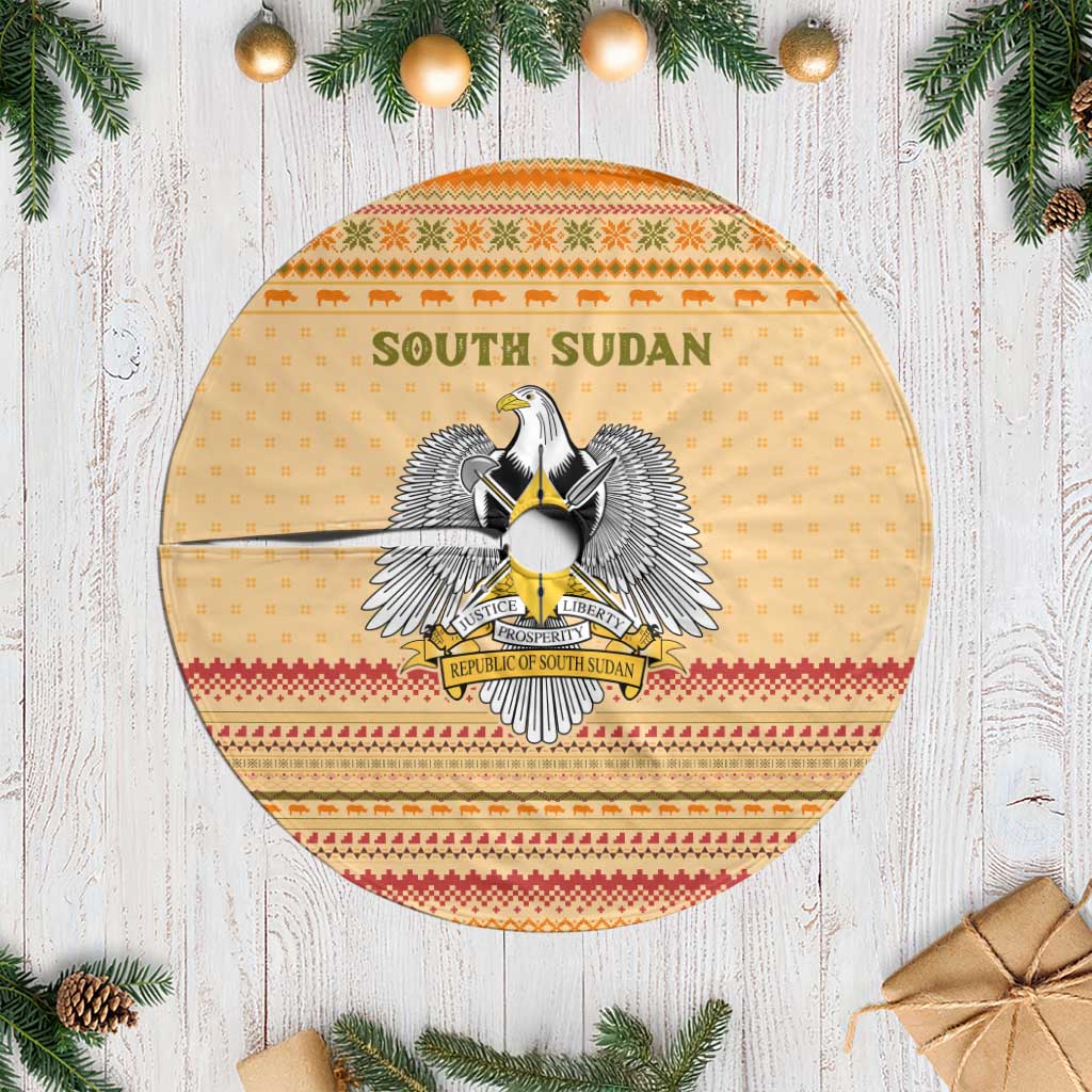 South Sudan Christmas Tree Skirt with Beige Tribal Pattern, National Emblem, and Green Star Motif - Wonder Print Shop