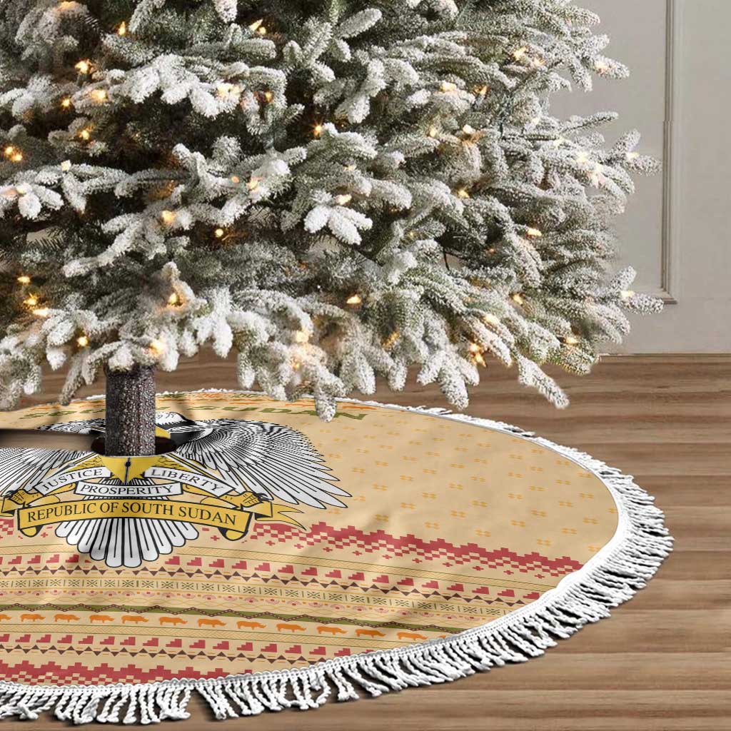 South Sudan Christmas Tree Skirt with Beige Tribal Pattern, National Emblem, and Green Star Motif - Wonder Print Shop