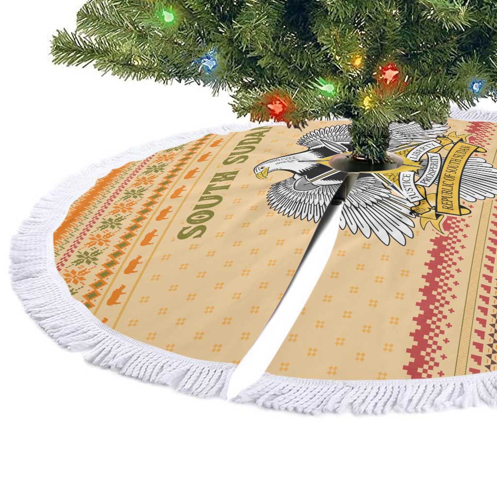 South Sudan Christmas Tree Skirt with Beige Tribal Pattern, National Emblem, and Green Star Motif - Wonder Print Shop