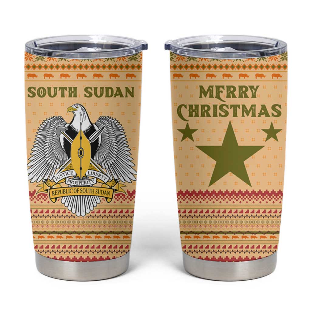 South Sudan Christmas Tumbler Cup with Beige Tribal Pattern, National Emblem, and Green Star Motif - Wonder Print Shop