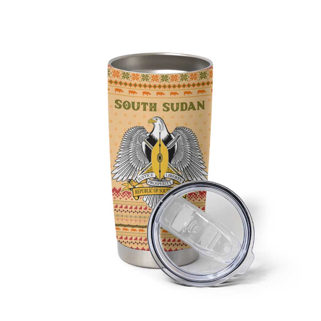 South Sudan Christmas Tumbler Cup with Beige Tribal Pattern, National Emblem, and Green Star Motif - Wonder Print Shop