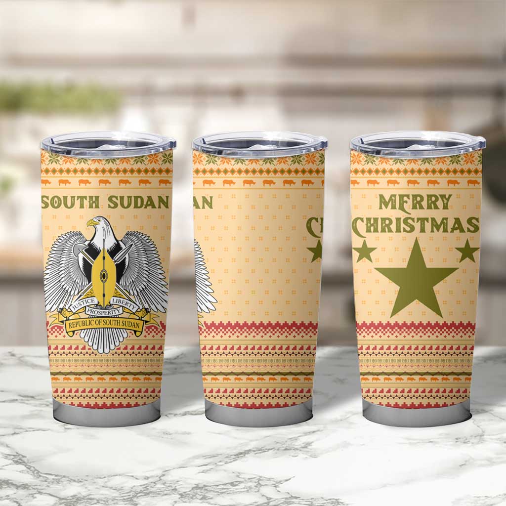 South Sudan Christmas Tumbler Cup with Beige Tribal Pattern, National Emblem, and Green Star Motif - Wonder Print Shop