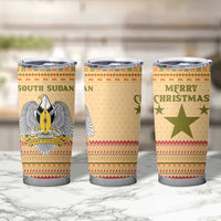 South Sudan Christmas Tumbler Cup with Beige Tribal Pattern, National Emblem, and Green Star Motif - Wonder Print Shop
