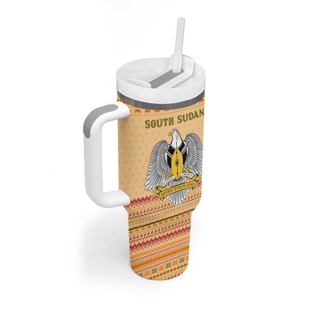 South Sudan Christmas Tumbler With Handle with Beige Tribal Pattern, National Emblem, and Green Star Motif - Wonder Print Shop