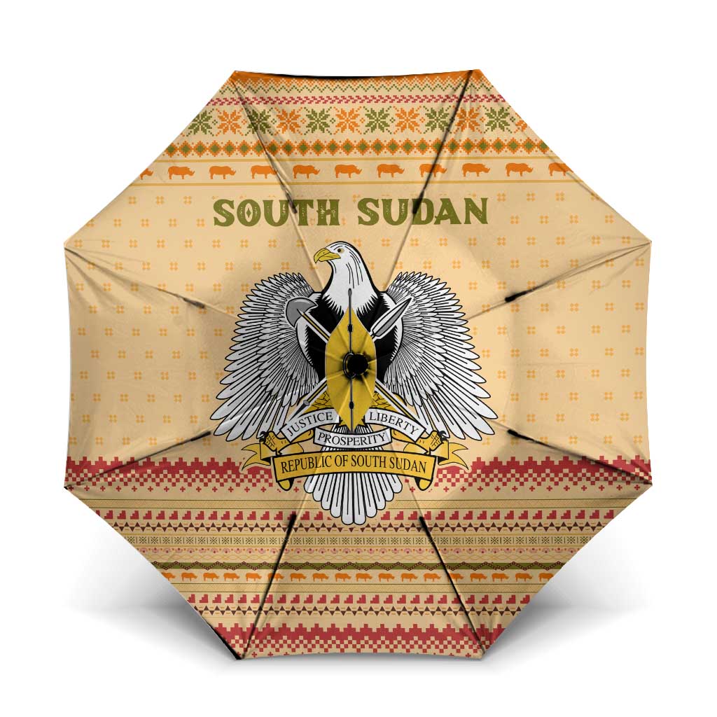 South Sudan Christmas Umbrella with Beige Tribal Pattern, National Emblem, and Green Star Motif - Wonder Print Shop