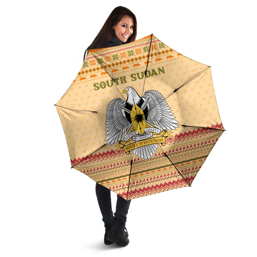 South Sudan Christmas Umbrella with Beige Tribal Pattern, National Emblem, and Green Star Motif - Wonder Print Shop
