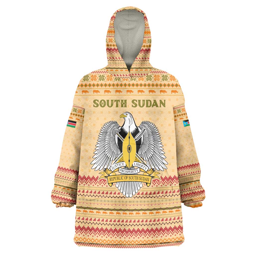 South Sudan Christmas Wearable Blanket Hoodie with Beige Tribal Pattern, National Emblem, and Green Star Motif - Wonder Print Shop