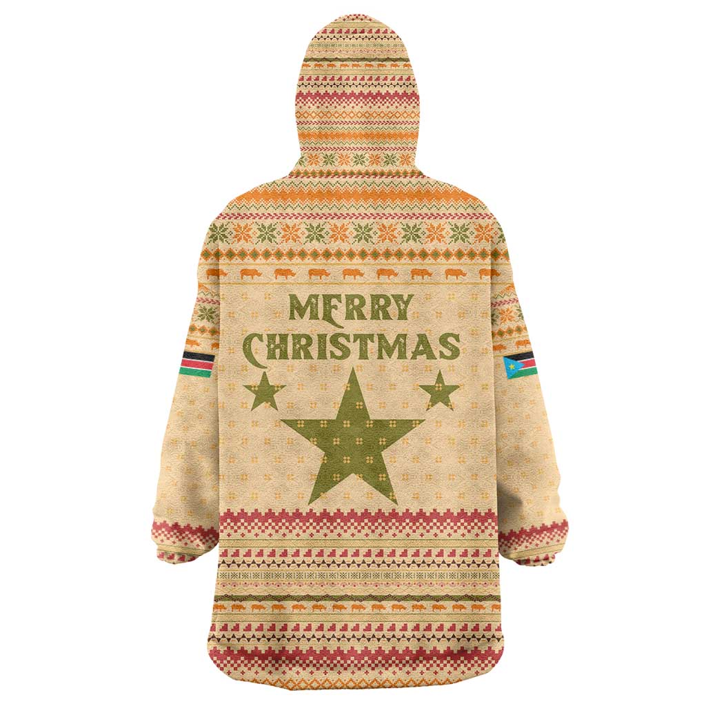 South Sudan Christmas Wearable Blanket Hoodie with Beige Tribal Pattern, National Emblem, and Green Star Motif - Wonder Print Shop