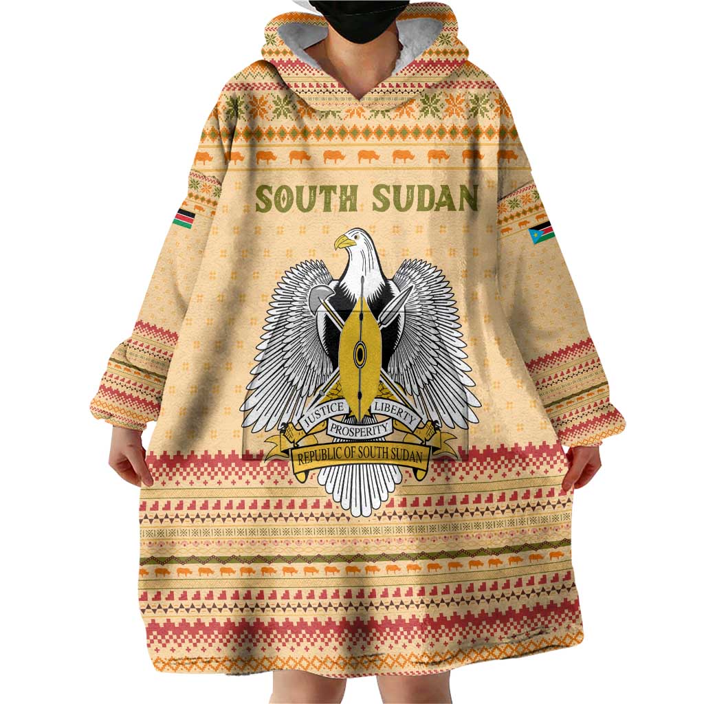 South Sudan Christmas Wearable Blanket Hoodie with Beige Tribal Pattern, National Emblem, and Green Star Motif - Wonder Print Shop