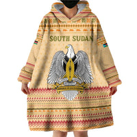 South Sudan Christmas Wearable Blanket Hoodie with Beige Tribal Pattern, National Emblem, and Green Star Motif - Wonder Print Shop