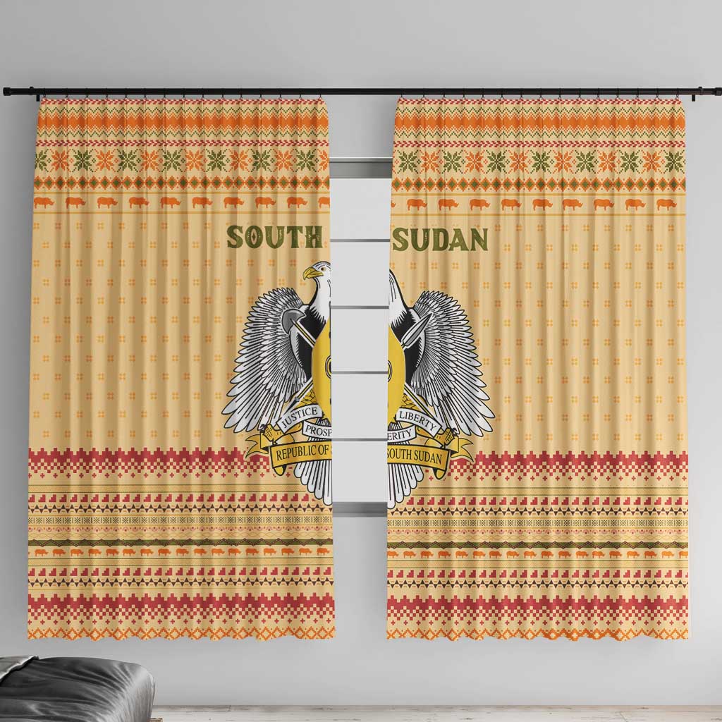 South Sudan Christmas Window Curtain with Beige Tribal Pattern, National Emblem, and Green Star Motif - Wonder Print Shop