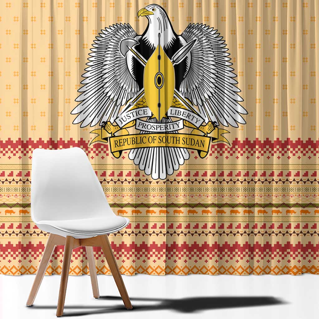 South Sudan Christmas Window Curtain with Beige Tribal Pattern, National Emblem, and Green Star Motif - Wonder Print Shop
