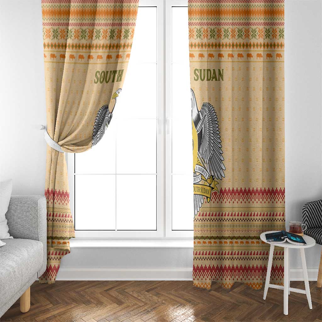 South Sudan Christmas Window Curtain with Beige Tribal Pattern, National Emblem, and Green Star Motif - Wonder Print Shop