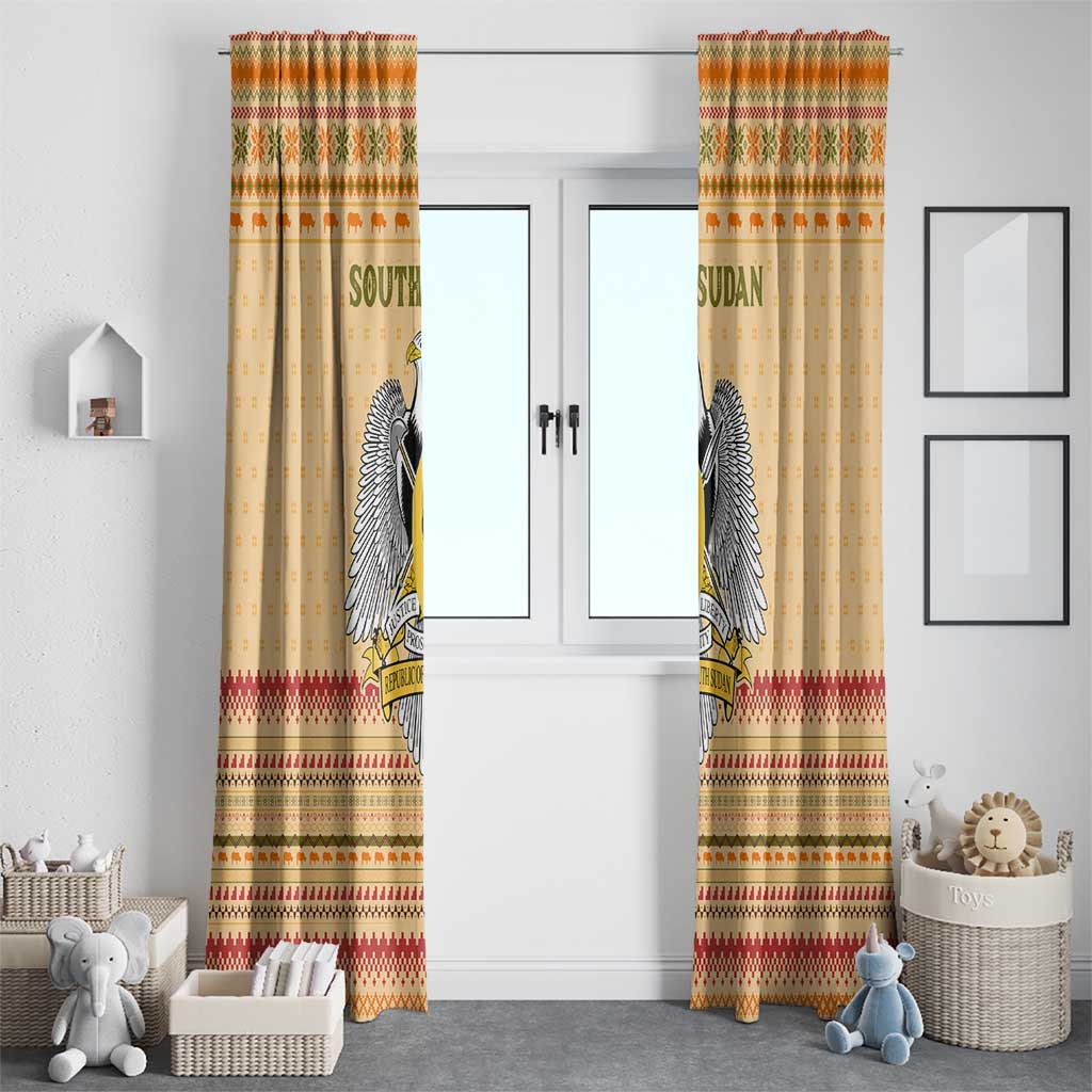 South Sudan Christmas Window Curtain with Beige Tribal Pattern, National Emblem, and Green Star Motif - Wonder Print Shop