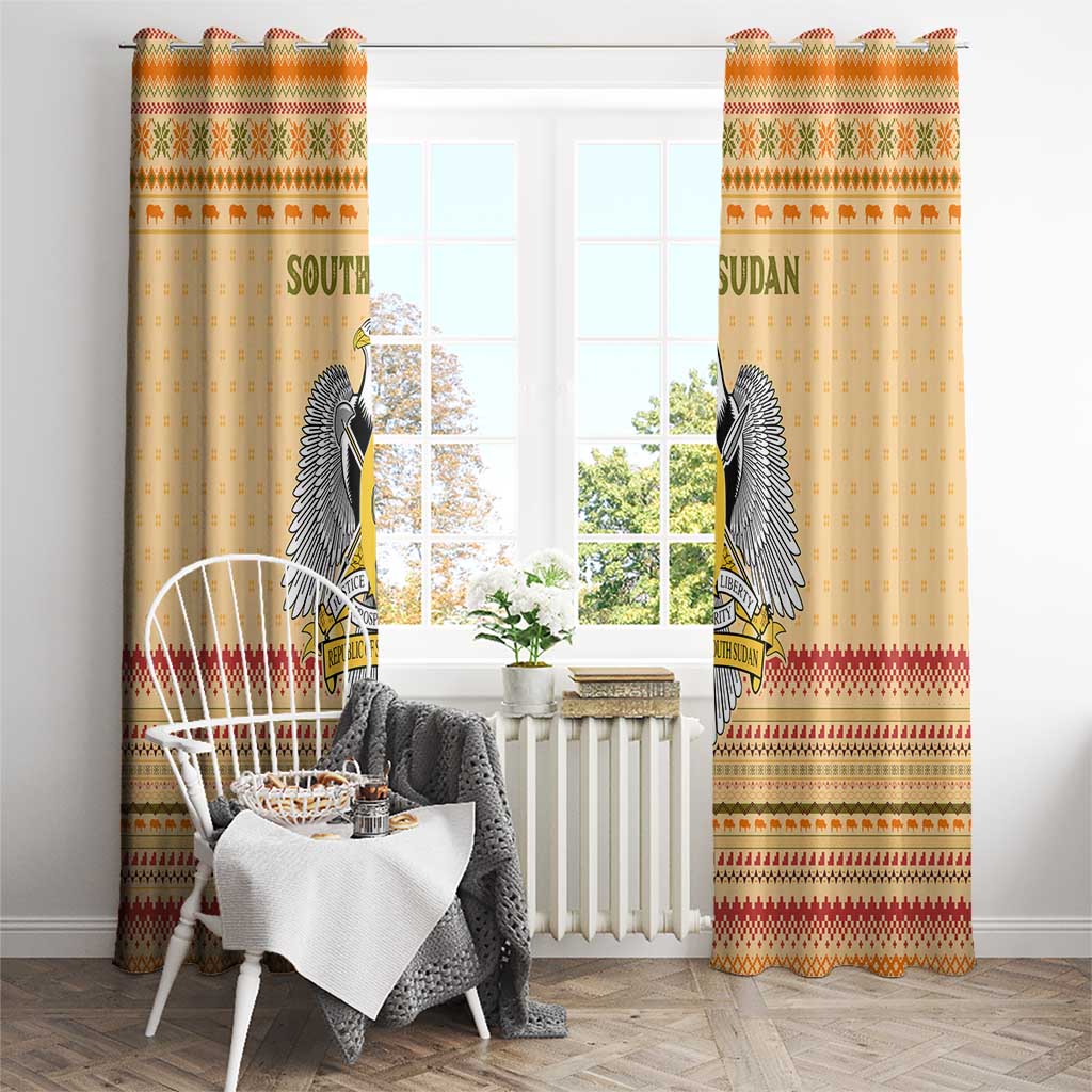 South Sudan Christmas Window Curtain with Beige Tribal Pattern, National Emblem, and Green Star Motif - Wonder Print Shop