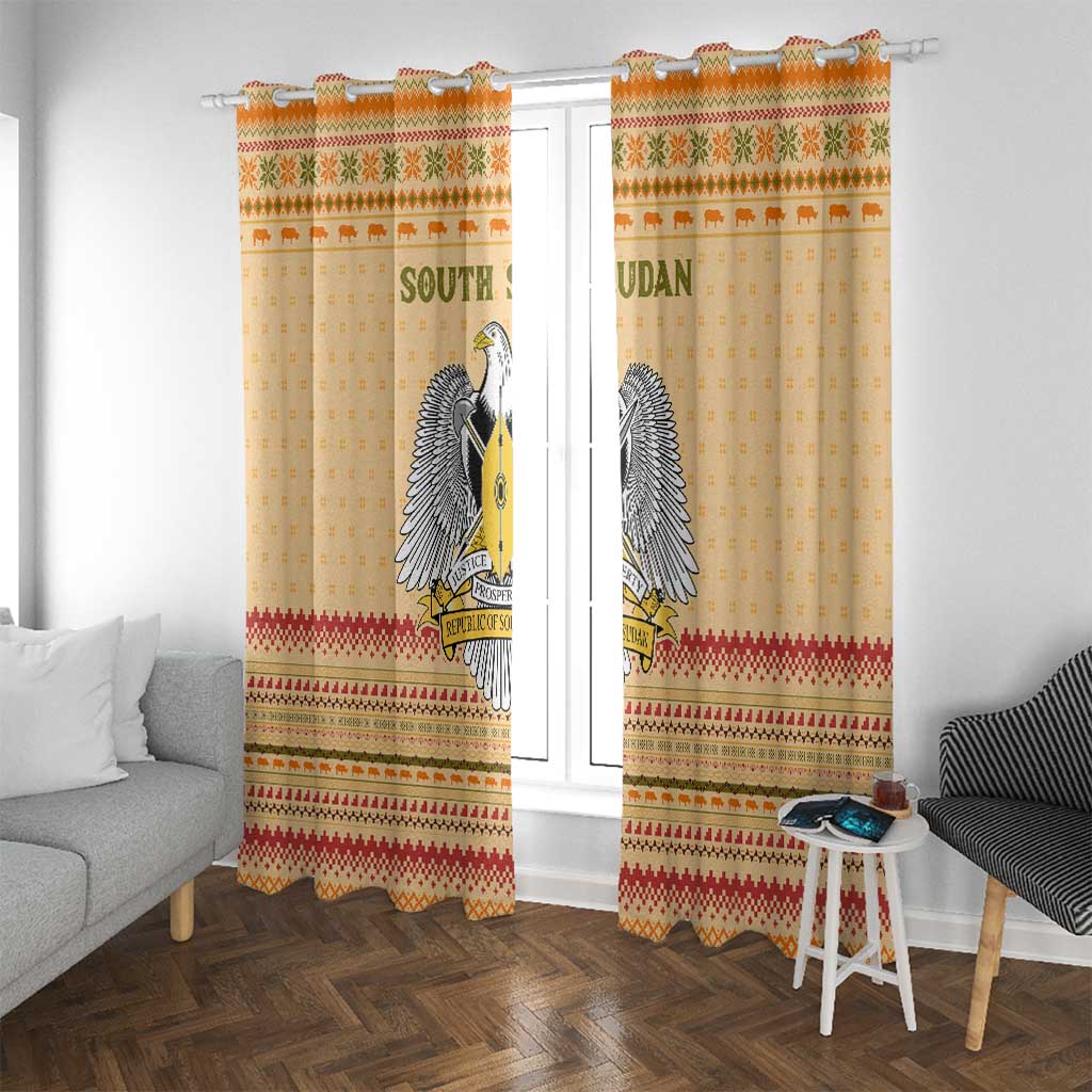 South Sudan Christmas Window Curtain with Beige Tribal Pattern, National Emblem, and Green Star Motif - Wonder Print Shop
