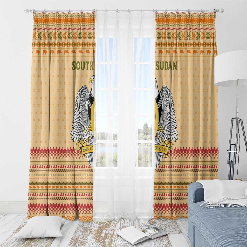 South Sudan Christmas Window Curtain with Beige Tribal Pattern, National Emblem, and Green Star Motif - Wonder Print Shop