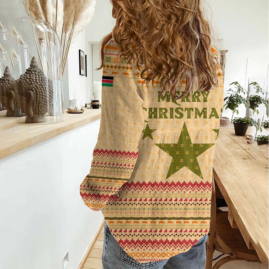 South Sudan Christmas Women Casual Shirt with Beige Tribal Pattern, National Emblem, and Green Star Motif - Wonder Print Shop