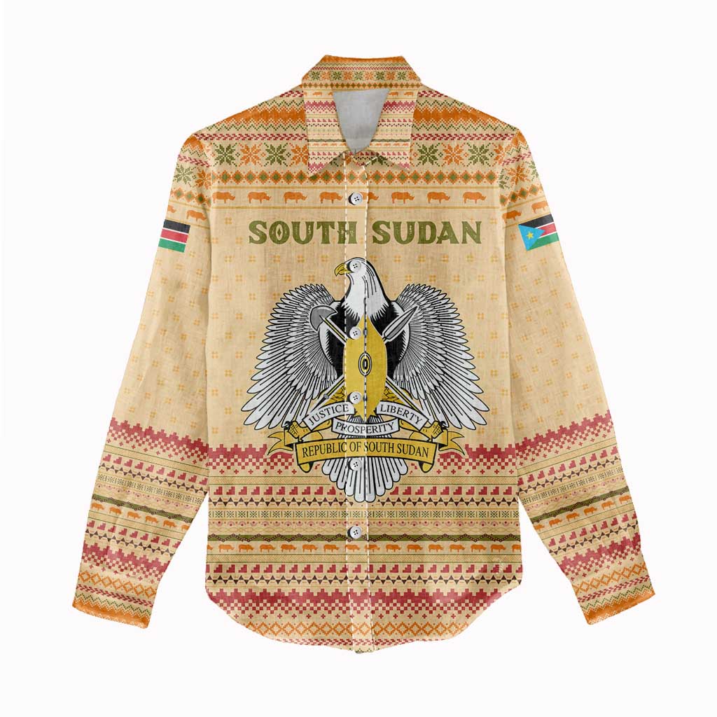 South Sudan Christmas Women Casual Shirt with Beige Tribal Pattern, National Emblem, and Green Star Motif - Wonder Print Shop