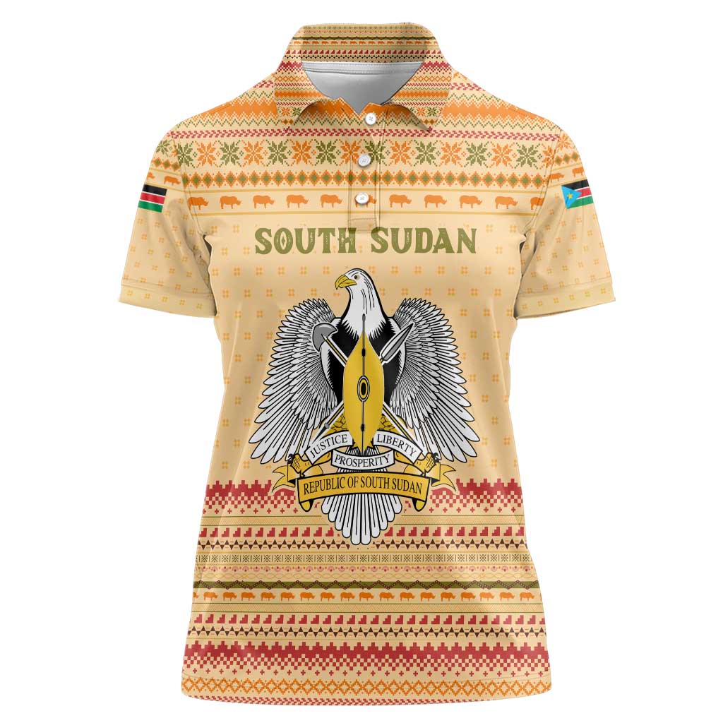 South Sudan Christmas Women Polo Shirt with Beige Tribal Pattern, National Emblem, and Green Star Motif - Wonder Print Shop