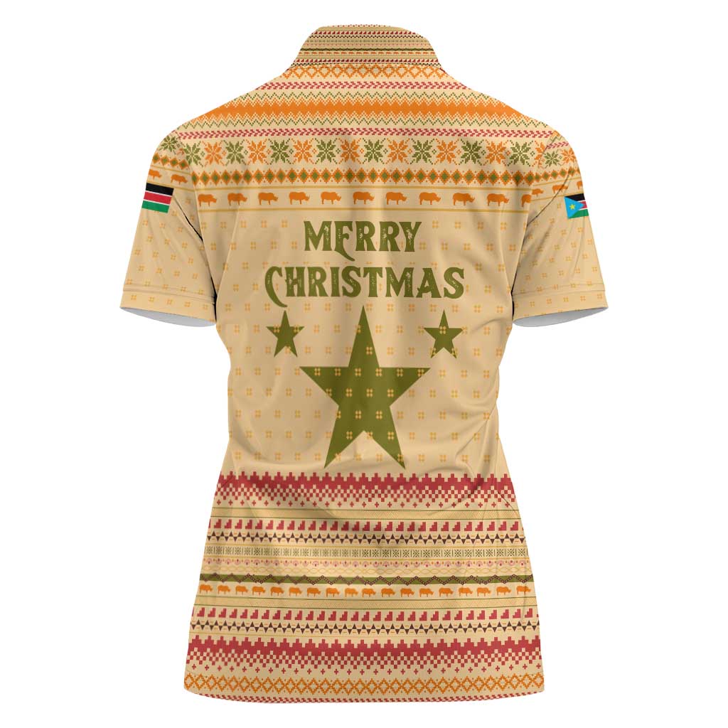 South Sudan Christmas Women Polo Shirt with Beige Tribal Pattern, National Emblem, and Green Star Motif - Wonder Print Shop