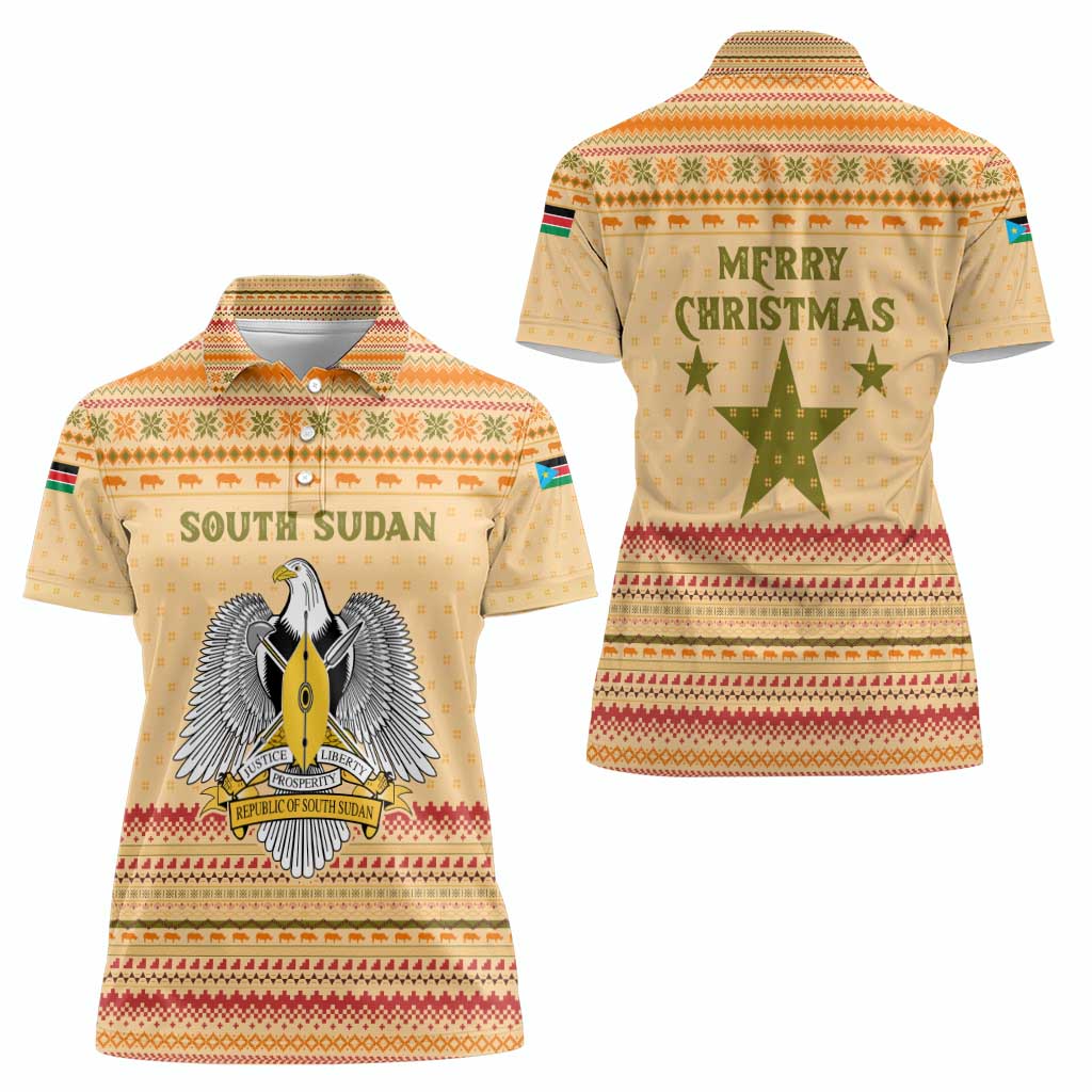 South Sudan Christmas Women Polo Shirt with Beige Tribal Pattern, National Emblem, and Green Star Motif - Wonder Print Shop
