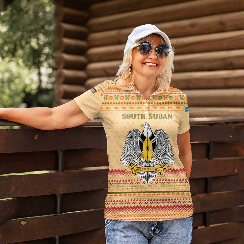 South Sudan Christmas Women Polo Shirt with Beige Tribal Pattern, National Emblem, and Green Star Motif - Wonder Print Shop