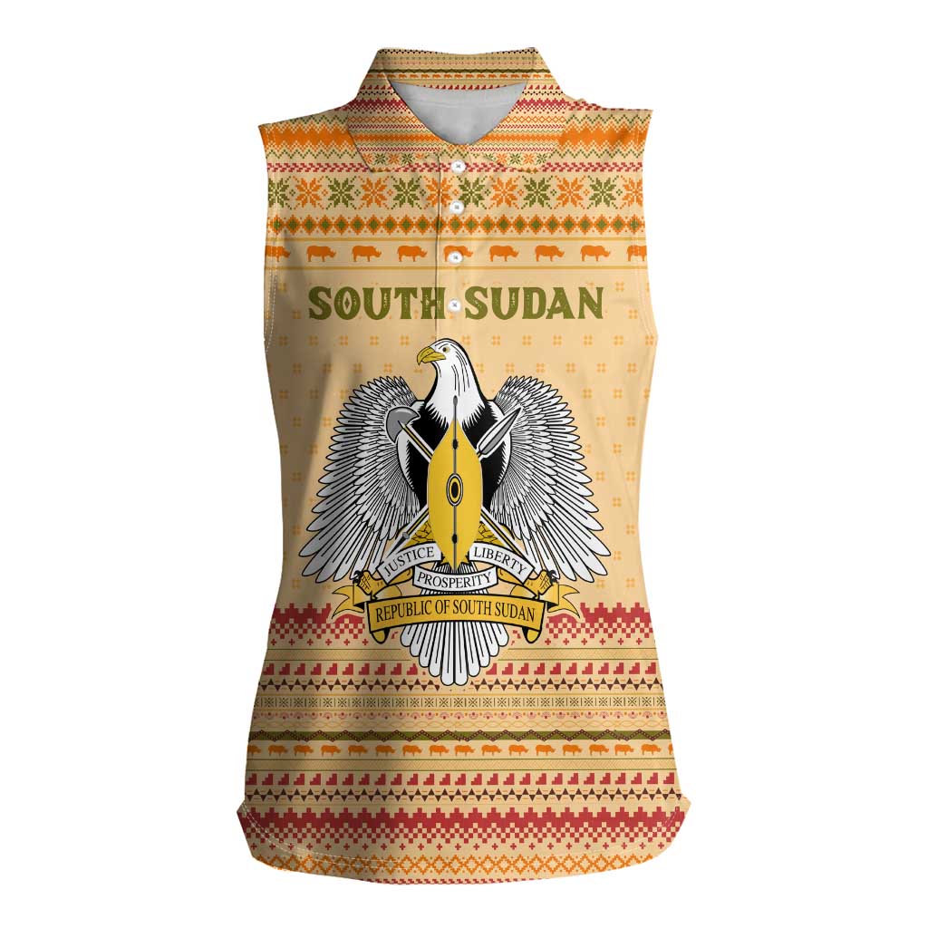 South Sudan Christmas Women Sleeveless Polo Shirt with Beige Tribal Pattern, National Emblem, and Green Star Motif - Wonder Print Shop