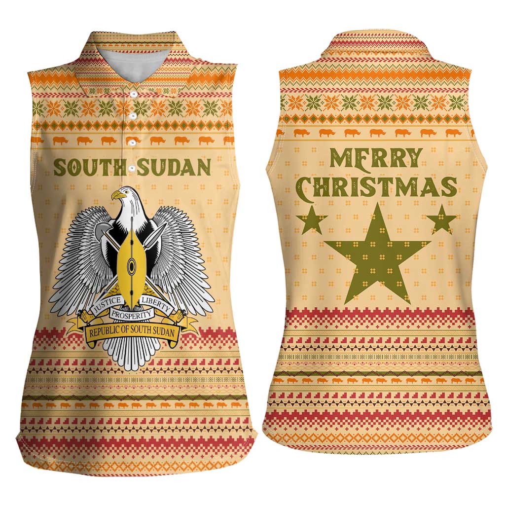 South Sudan Christmas Women Sleeveless Polo Shirt with Beige Tribal Pattern, National Emblem, and Green Star Motif - Wonder Print Shop