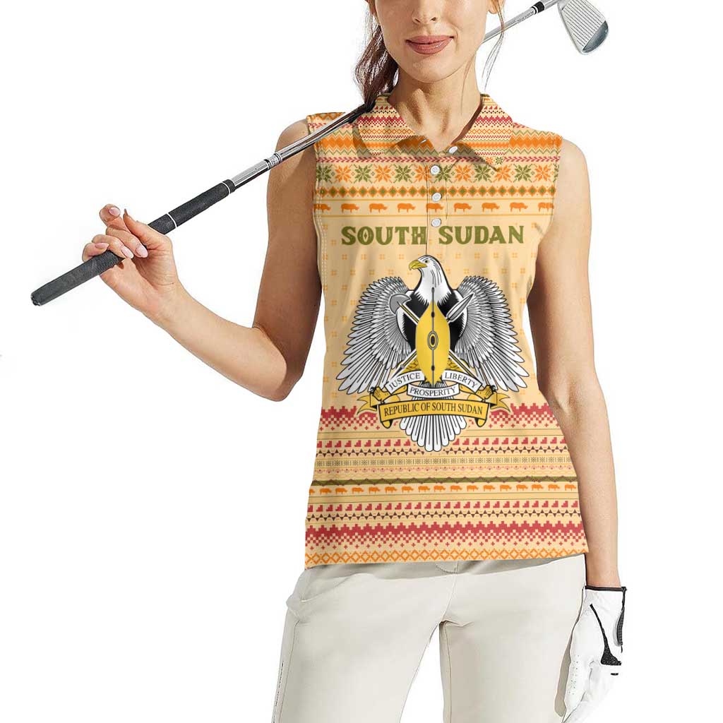 South Sudan Christmas Women Sleeveless Polo Shirt with Beige Tribal Pattern, National Emblem, and Green Star Motif - Wonder Print Shop