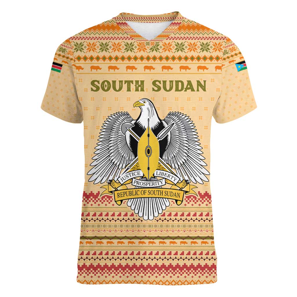 South Sudan Christmas Women V-Neck T-Shirt with Beige Tribal Pattern, National Emblem, and Green Star Motif - Wonder Print Shop