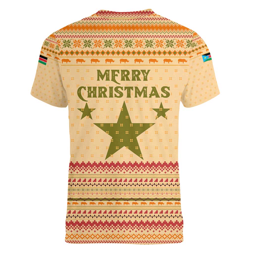 South Sudan Christmas Women V-Neck T-Shirt with Beige Tribal Pattern, National Emblem, and Green Star Motif - Wonder Print Shop