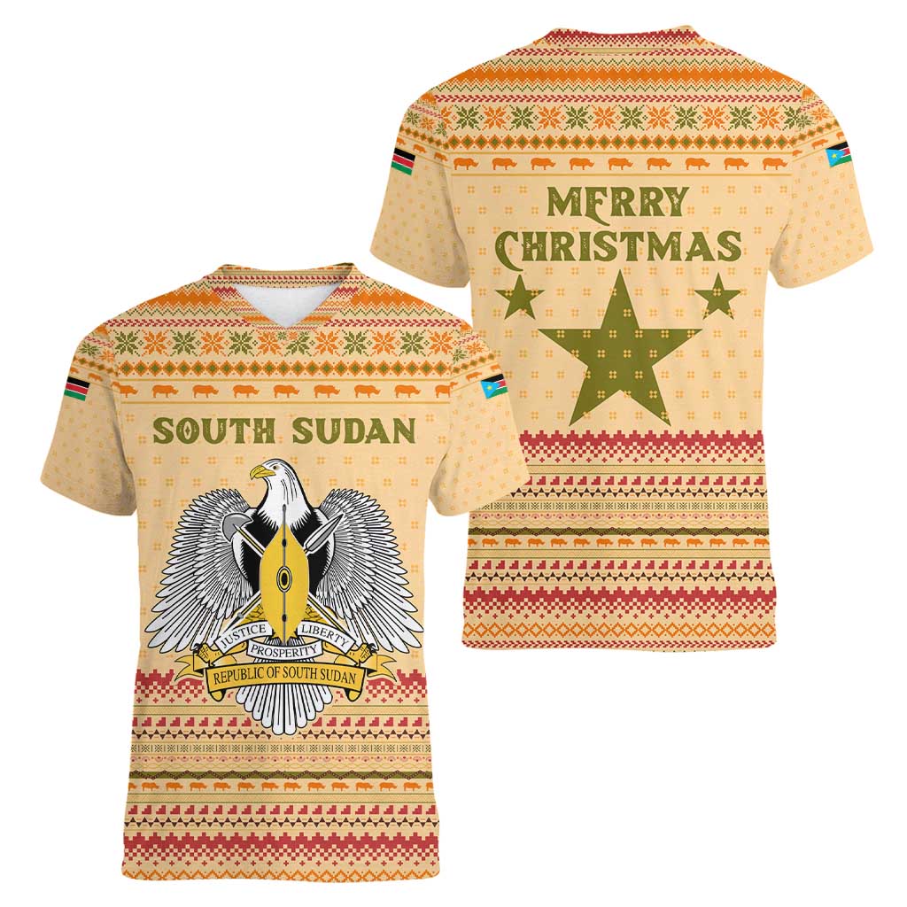South Sudan Christmas Women V-Neck T-Shirt with Beige Tribal Pattern, National Emblem, and Green Star Motif - Wonder Print Shop