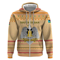 South Sudan Christmas Zip Hoodie with Beige Tribal Pattern, National Emblem, and Green Star Motif - Wonder Print Shop
