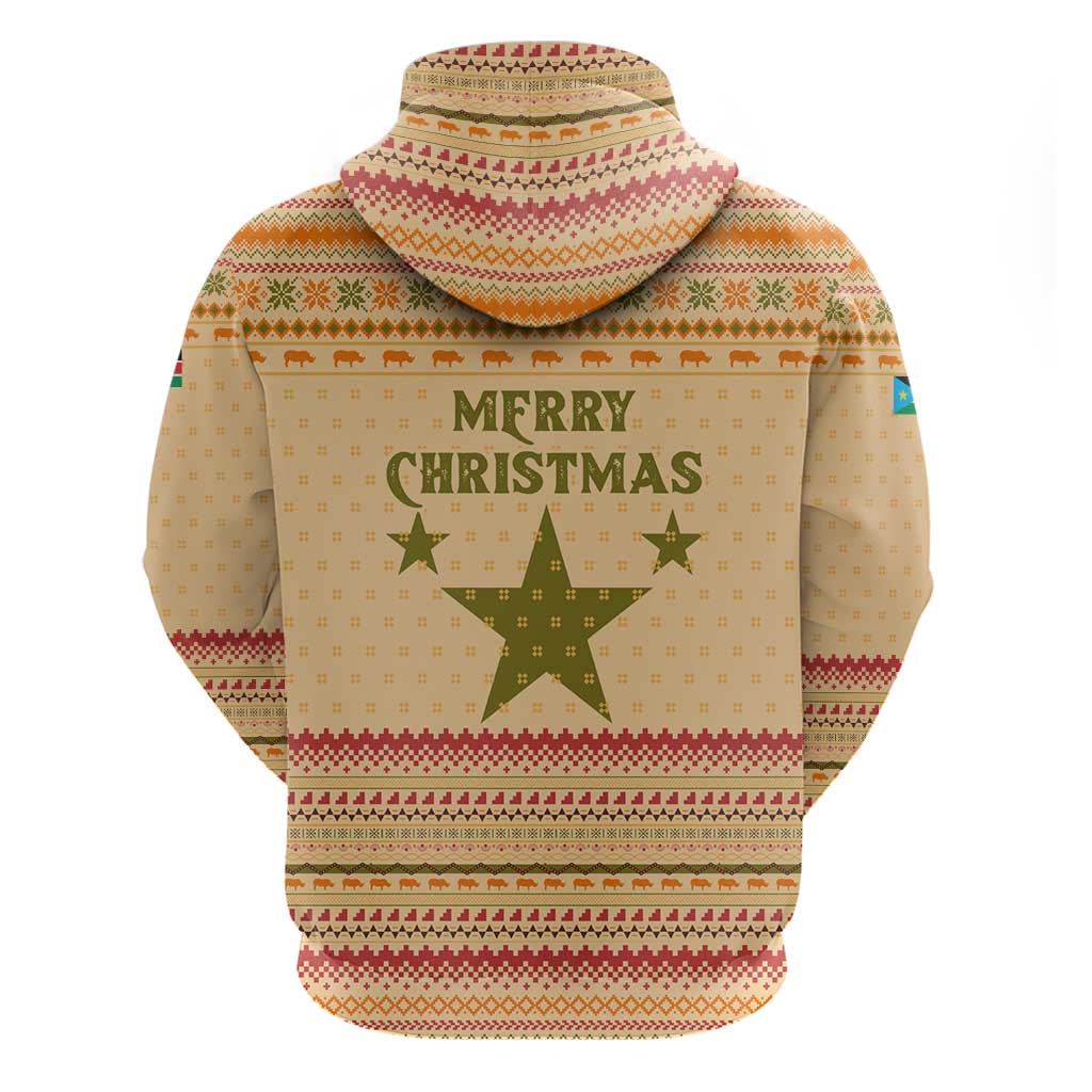 South Sudan Christmas Zip Hoodie with Beige Tribal Pattern, National Emblem, and Green Star Motif - Wonder Print Shop